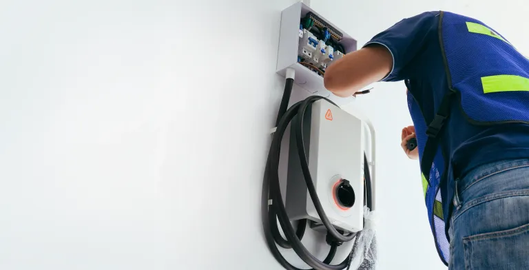 Licensed electrician installing EV charger wiring panel